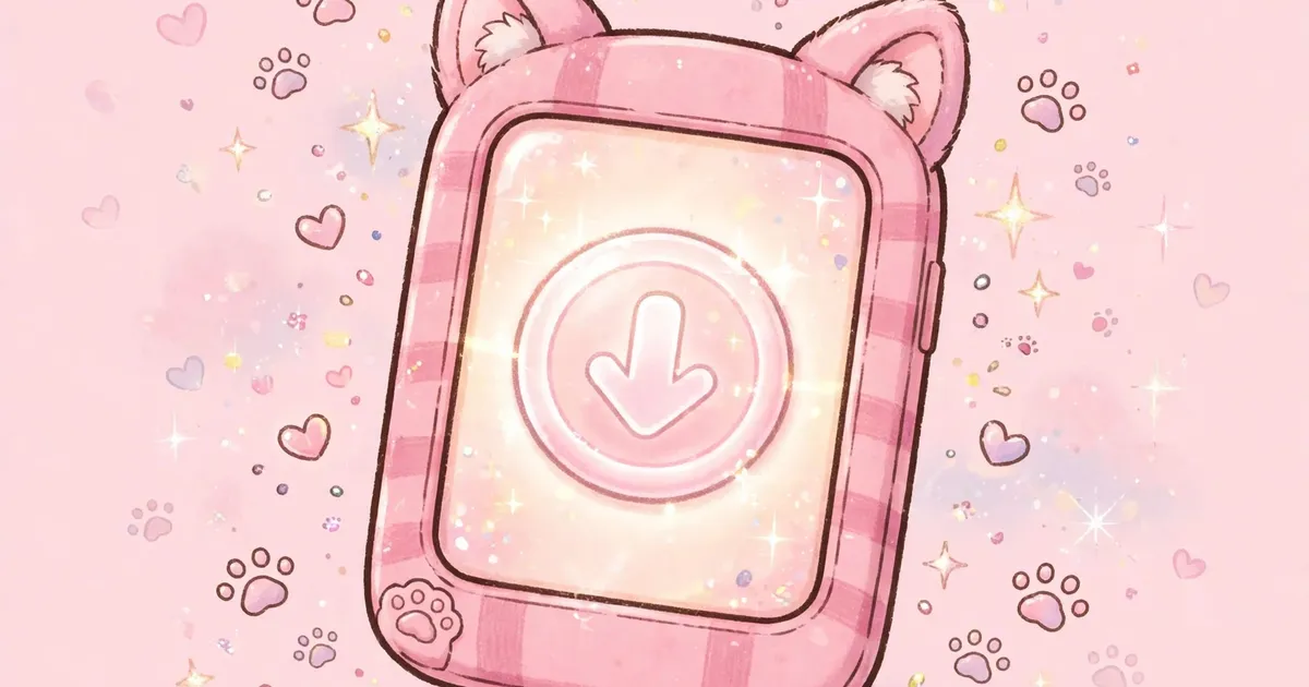 Kawaii smartphone with pink cat ears case showing a glowing install button on screen