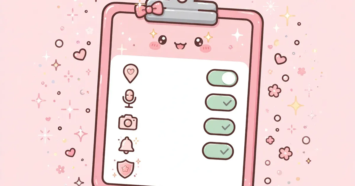 Kawaii pink clipboard with a checklist of app permission toggles and a tiny shield