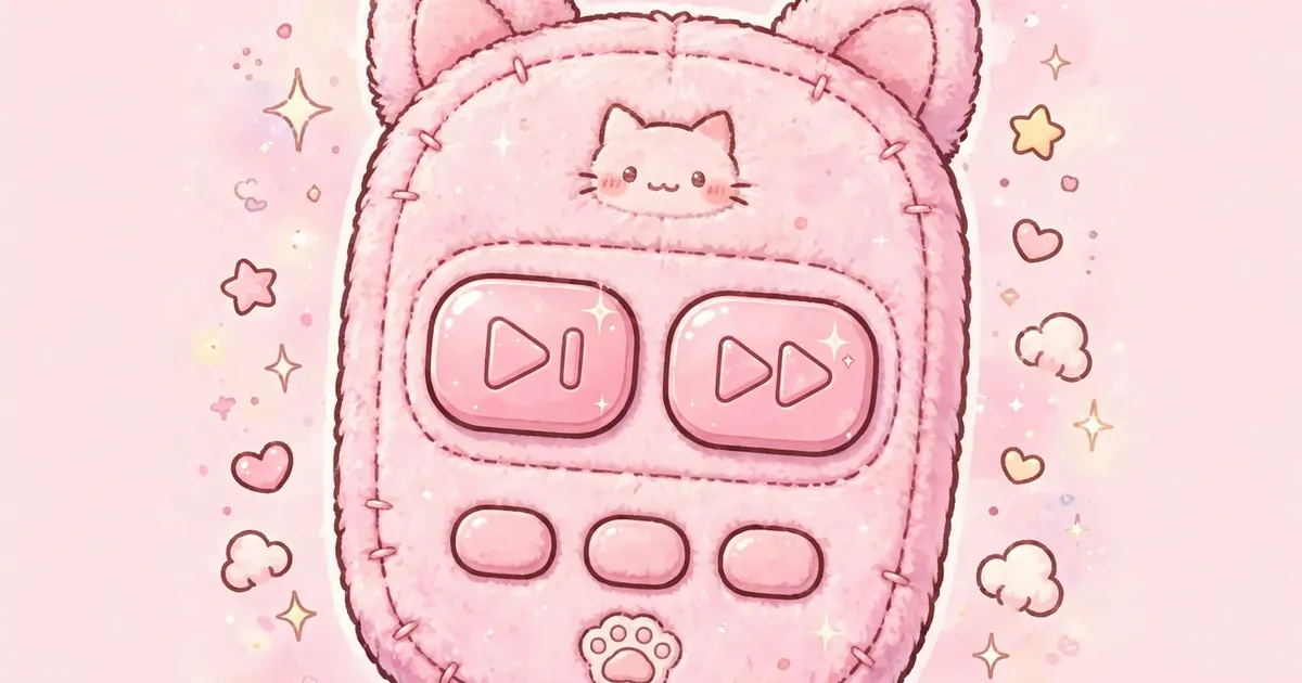 Kawaii pink media player buttons, play next and skip forward, on a soft remote with cat ears