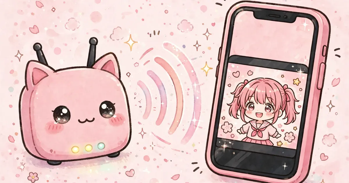 Kawaii pink wifi router with cat ears sending strong signals to a happy streaming smartphone