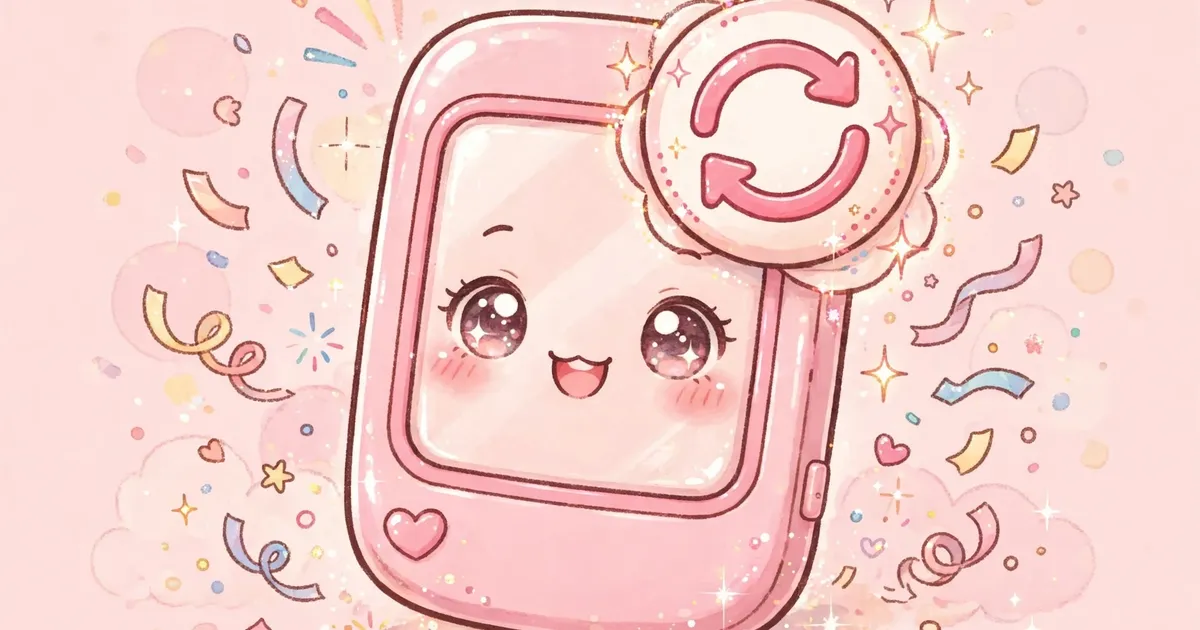 Kawaii pink smartphone with a big circular update arrow badge and confetti