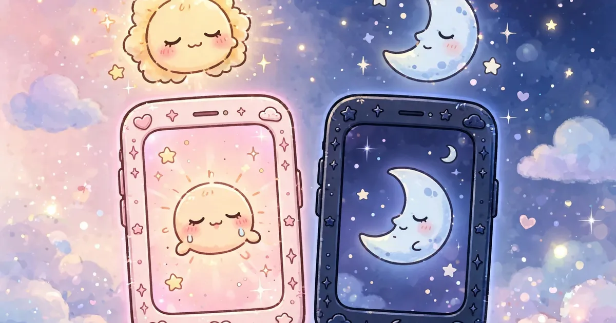 Two cute smartphones side by side, one light pink theme and one dark night theme, sleepy moon and sun
