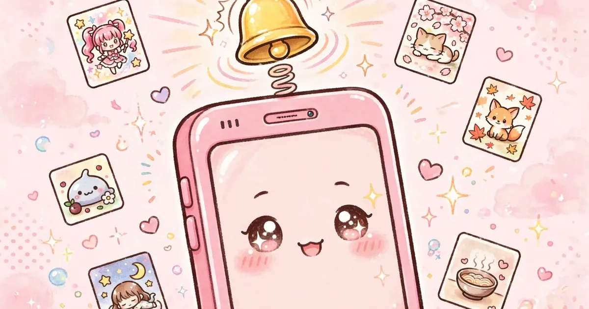 Kawaii pink smartphone with a ringing notification bell and floating anime episode cards