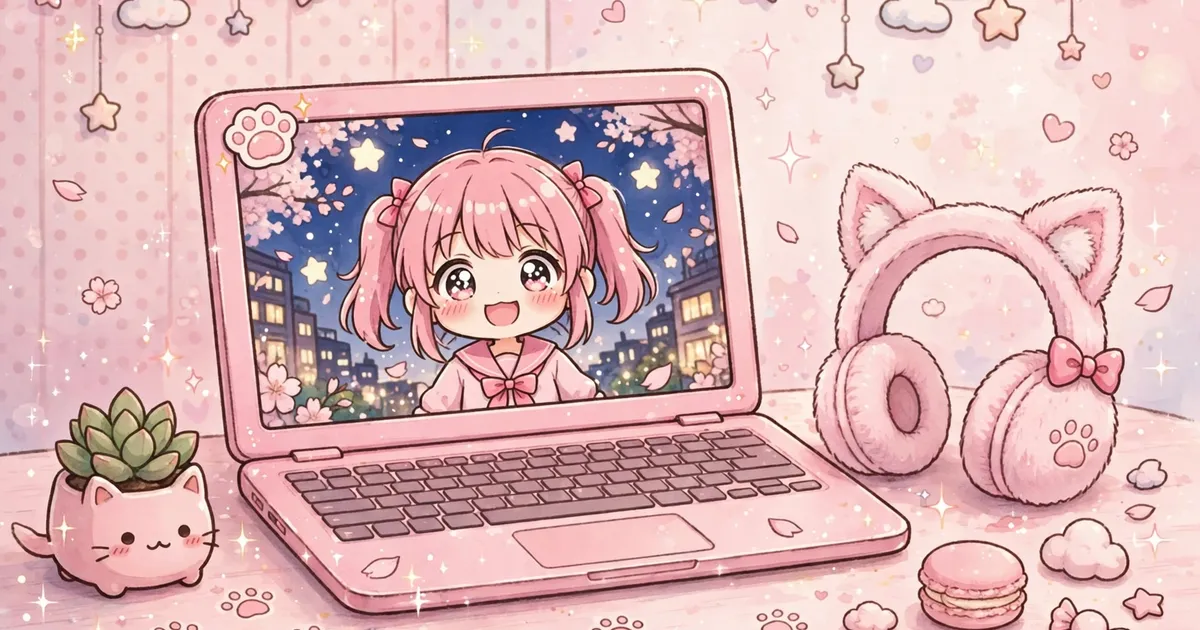 Kawaii pink laptop streaming an anime episode with cat ear headphones beside it