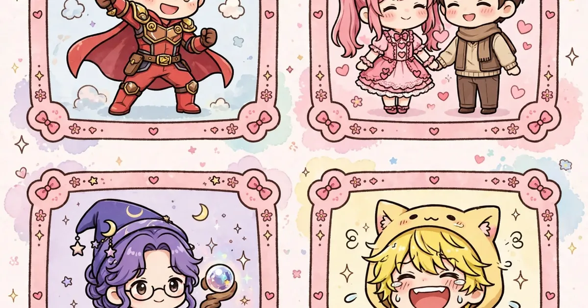 Collage of cute chibi anime characters for action, romance, fantasy and comedy genres in pink frames