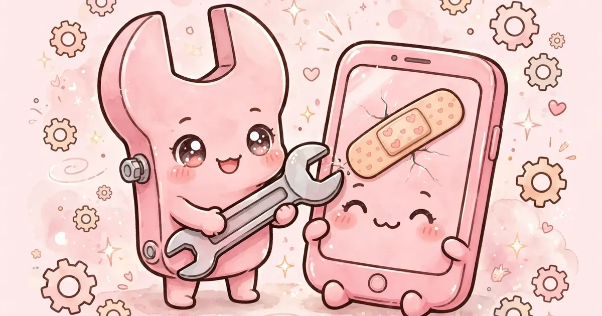 Kawaii pink wrench fixing a smiling pink smartphone with a bandage on its screen