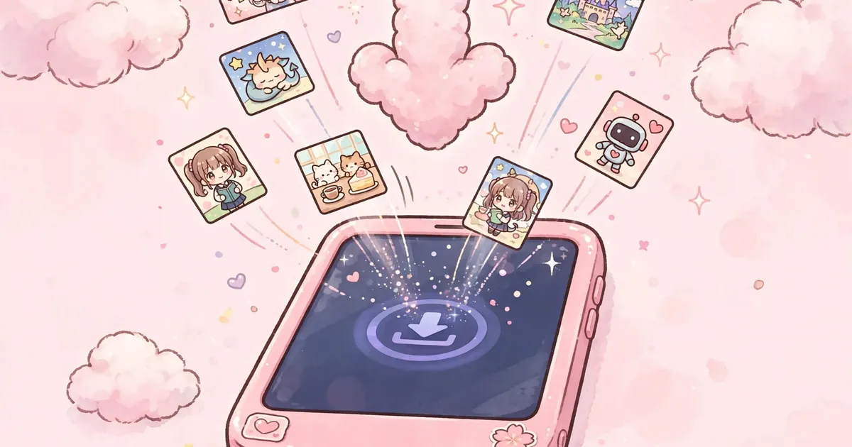 Kawaii pink smartphone with a big download arrow and anime episode cards flying into it