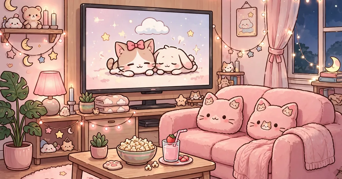 Kawaii cozy living room with a big TV streaming cute anime, pink sofa and cat ear cushions