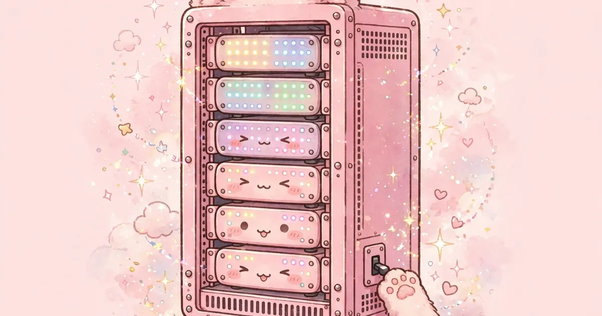 Kawaii pink server rack with cat ears and blinking lights, a tiny paw flipping a switch