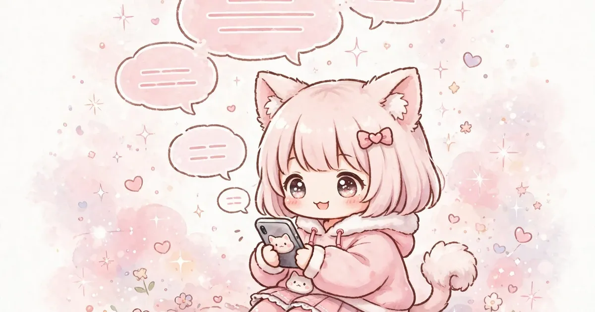Kawaii chibi anime cat girl watching a smartphone with subtitle speech bubbles floating above