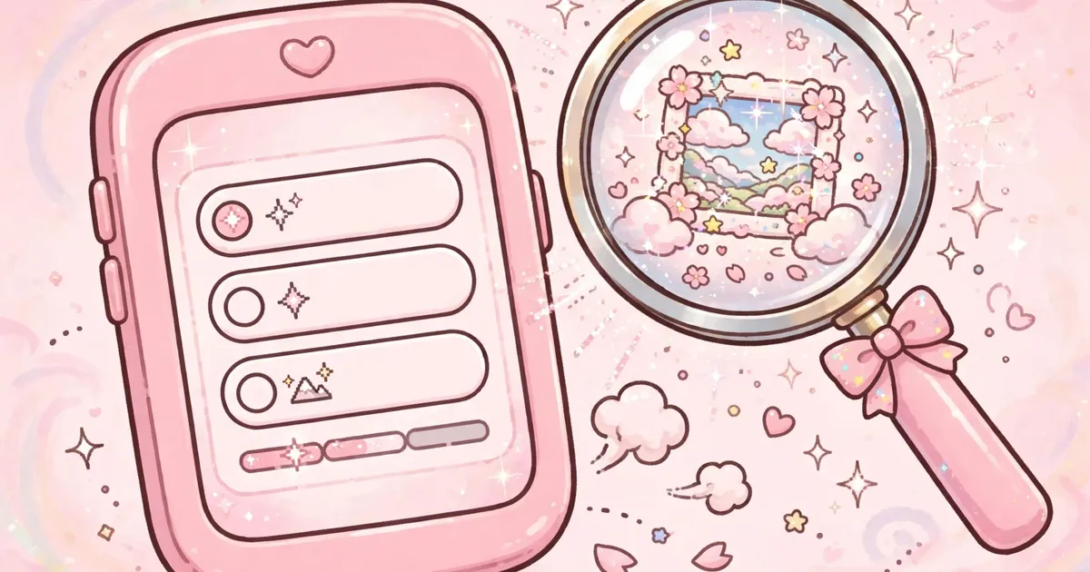 Kawaii pink smartphone showing a video quality selector with a magnifying glass over a sparkling frame