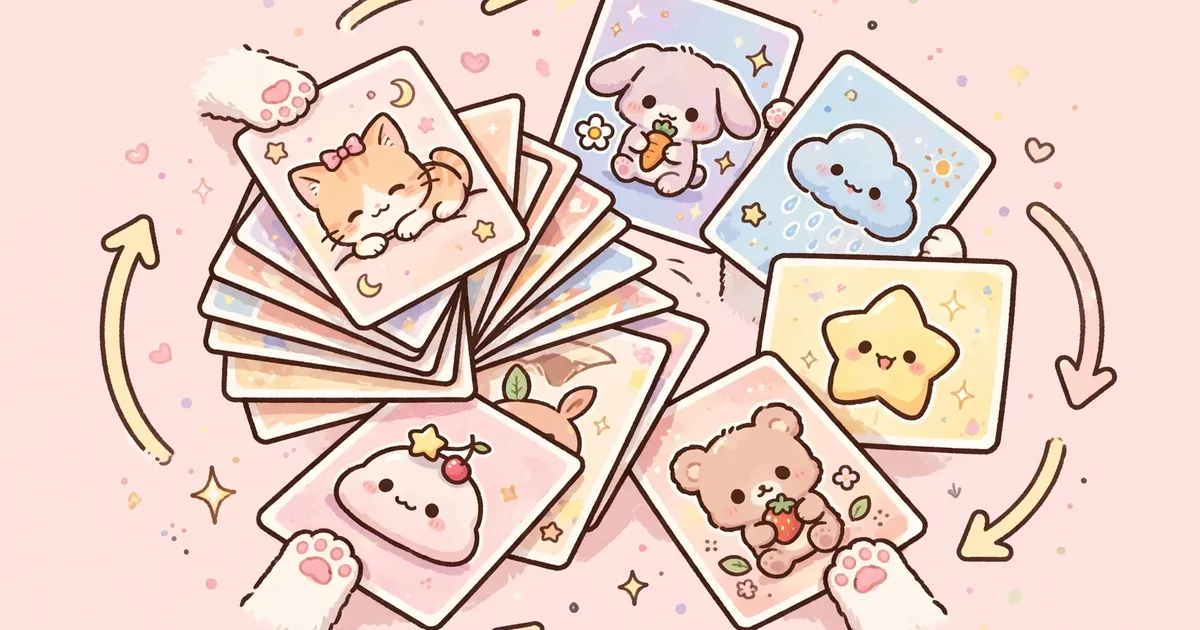 Cute anime poster cards being shuffled like playing cards by tiny paws with shuffle arrows